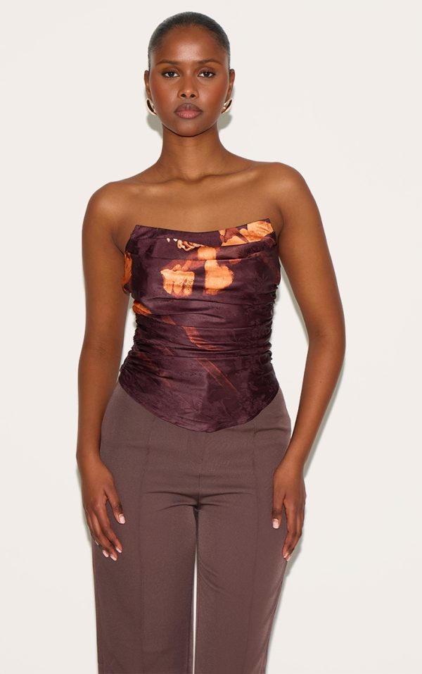 Brown Satin Printed Ruched Corset