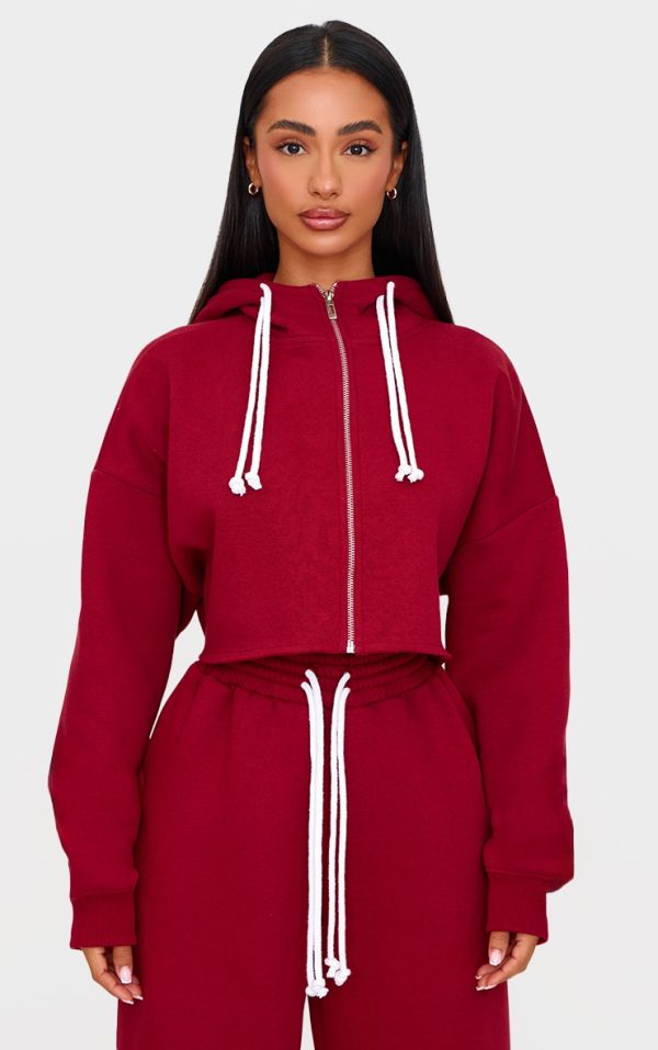 Petite Burgundy Drawstring Cropped Zip Up Hoodie