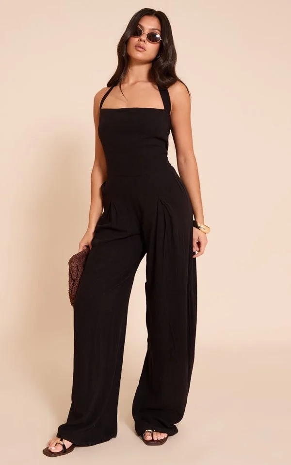 Black Linen Look Halter Neck Wide Leg Jumpsuit