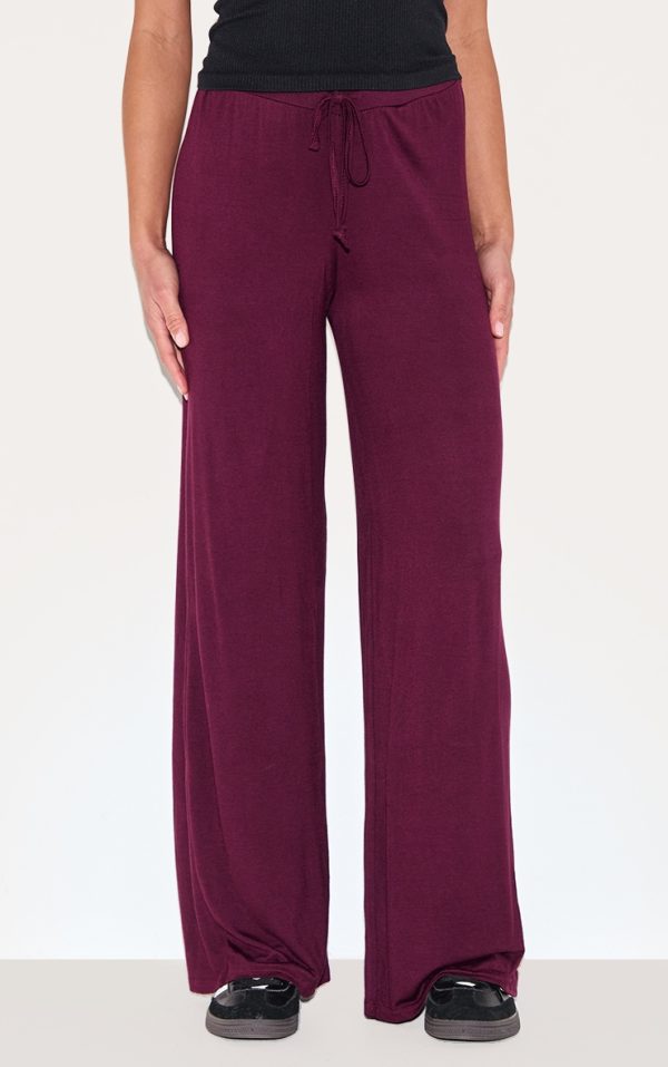 Plum Drawstring Jersey Wide Leg Pants