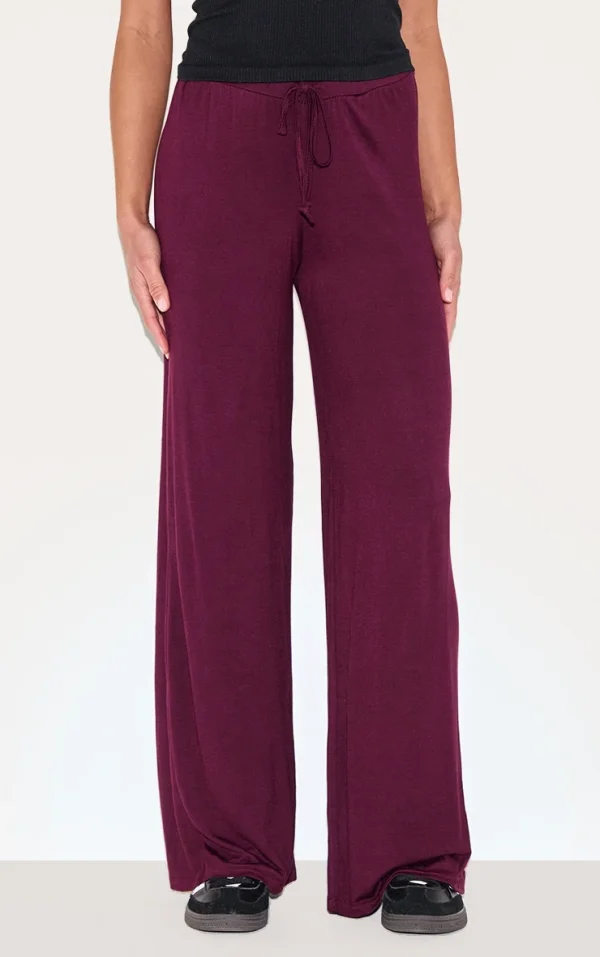 Plum Drawstring Jersey Wide Leg Pants