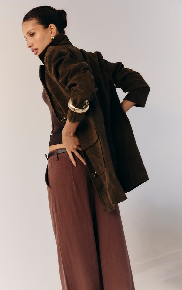 Dark Brown Oversized Longline Faux Suede Blazer Coat