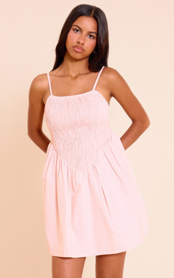 Petite Pink Spaghetti Strap Shirred Bodice Shift Dress
