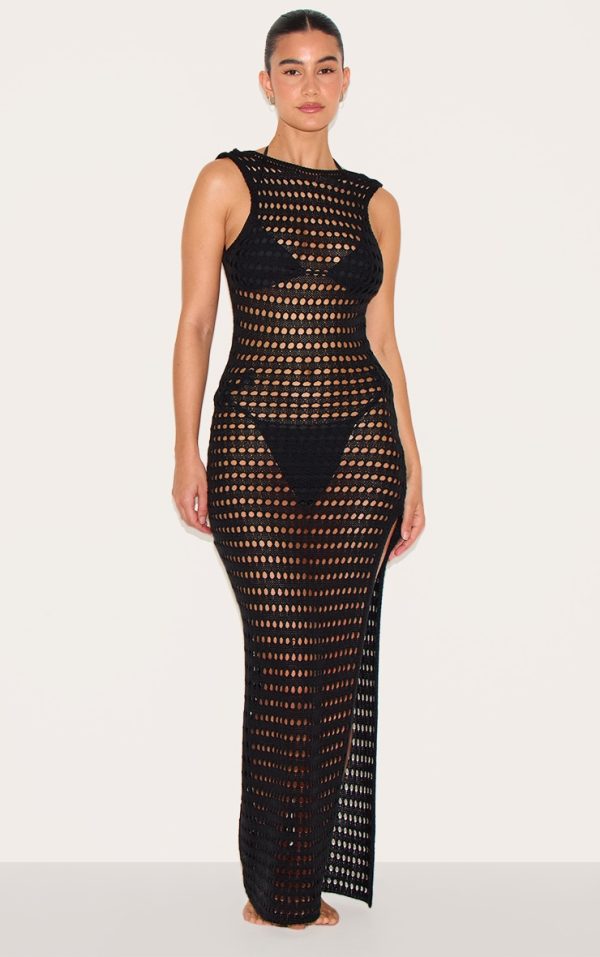 Black Backless Crochet Maxi Beach Dress