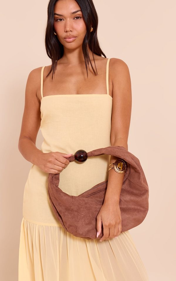 Mocha Faux Suede Bead Handle Shoulder Bag