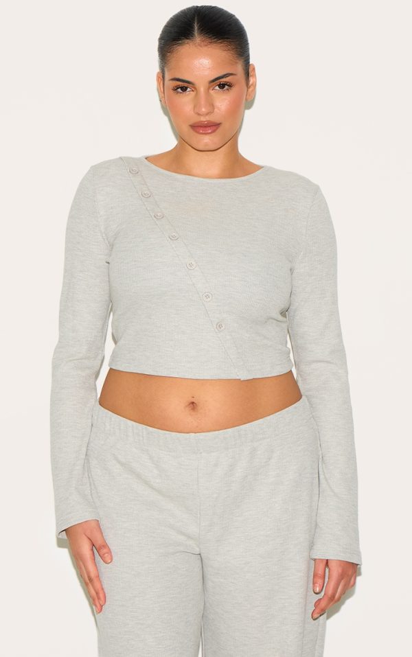 Plus Grey Marl Asymmetrical Waffle Button Crop Top