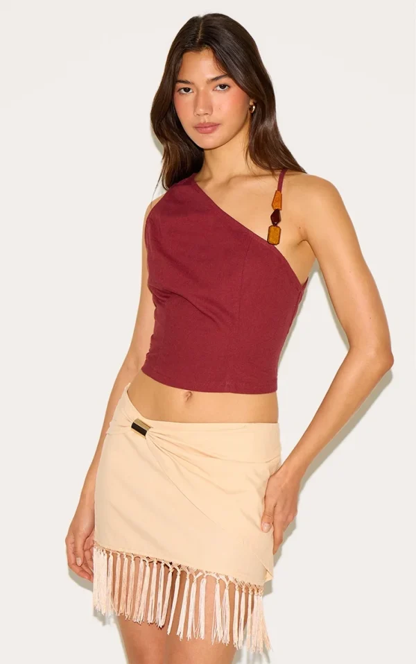 Rust Linen Look Asymmetric Beaded Crop Top