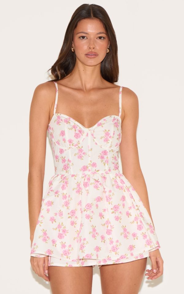 Pink Floral Print Corset Detail Floaty Skort Romper