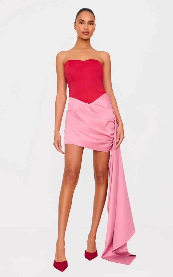 Red Contrast Corset Bandeau Drape Bodycon Dress