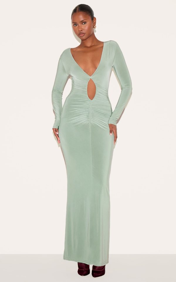 Sage Green Double Layer Plunge Ruched Maxi Dress