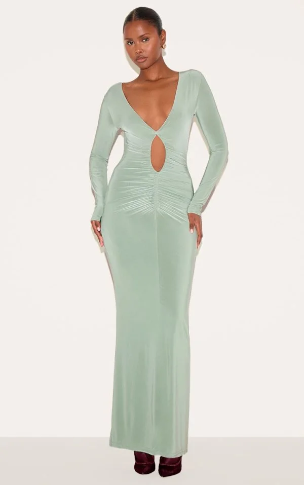 Sage Green Double Layer Plunge Ruched Maxi Dress