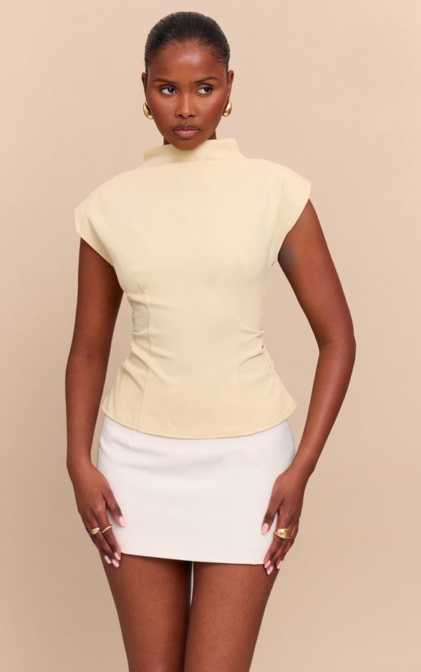 Butter Yellow Ruched Woven Shoulder Pad Top
