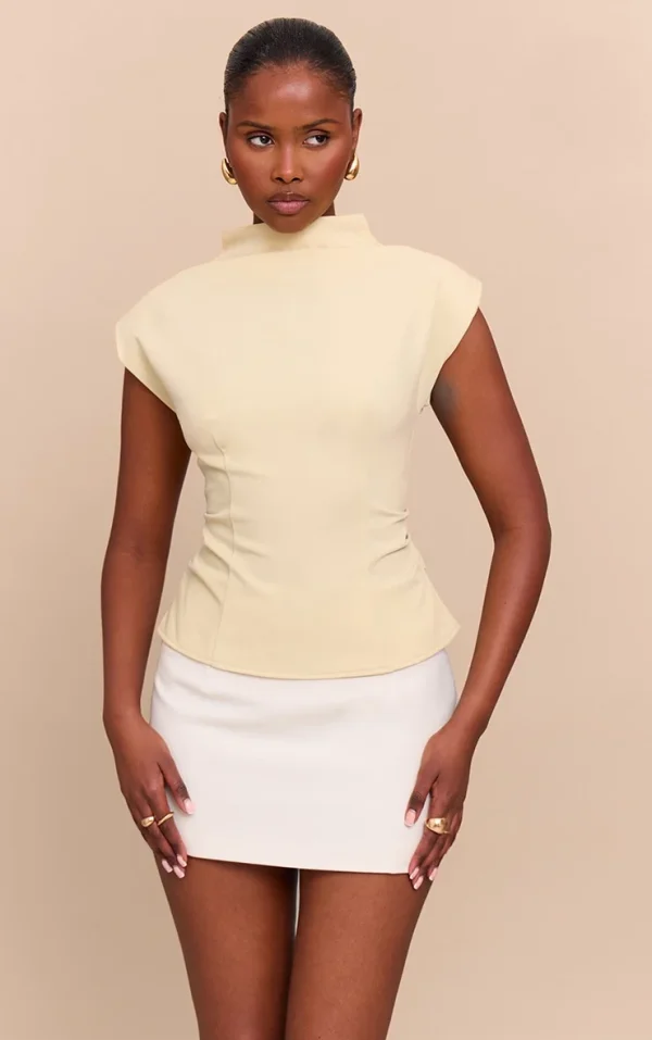 Butter Yellow Ruched Woven Shoulder Pad Top