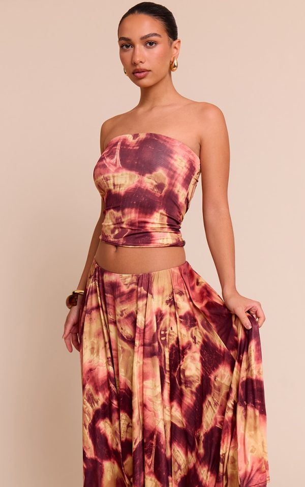 Deep Red Abstract Print Double Layer Slinky Bandeau Top