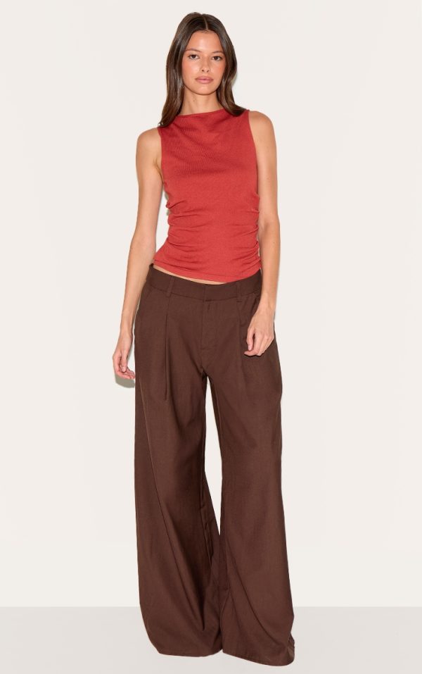 Chocolate Woven Double Pleat Wide Leg Pants