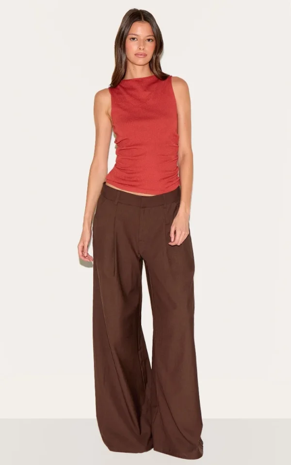 Chocolate Woven Double Pleat Wide Leg Pants