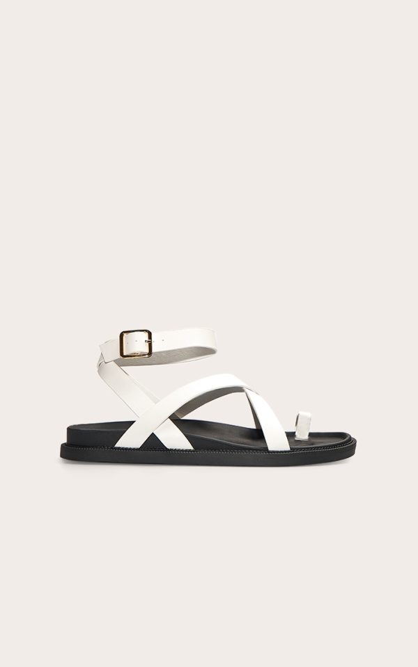 White Pu Round Toe Ankle Strap Footbed Sandals