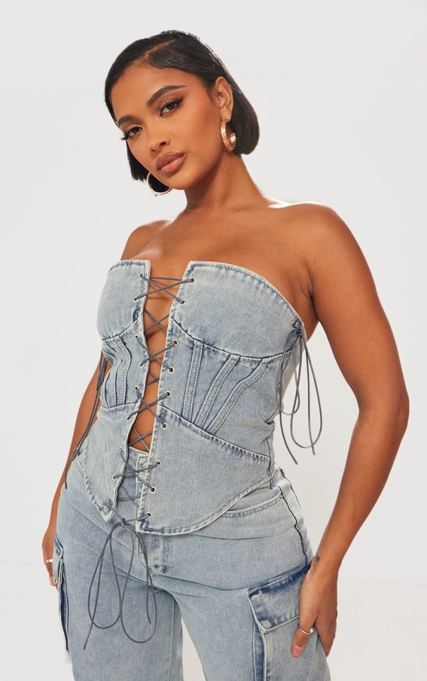Shape Light Blue Wash Denim Lace Up Front Corset