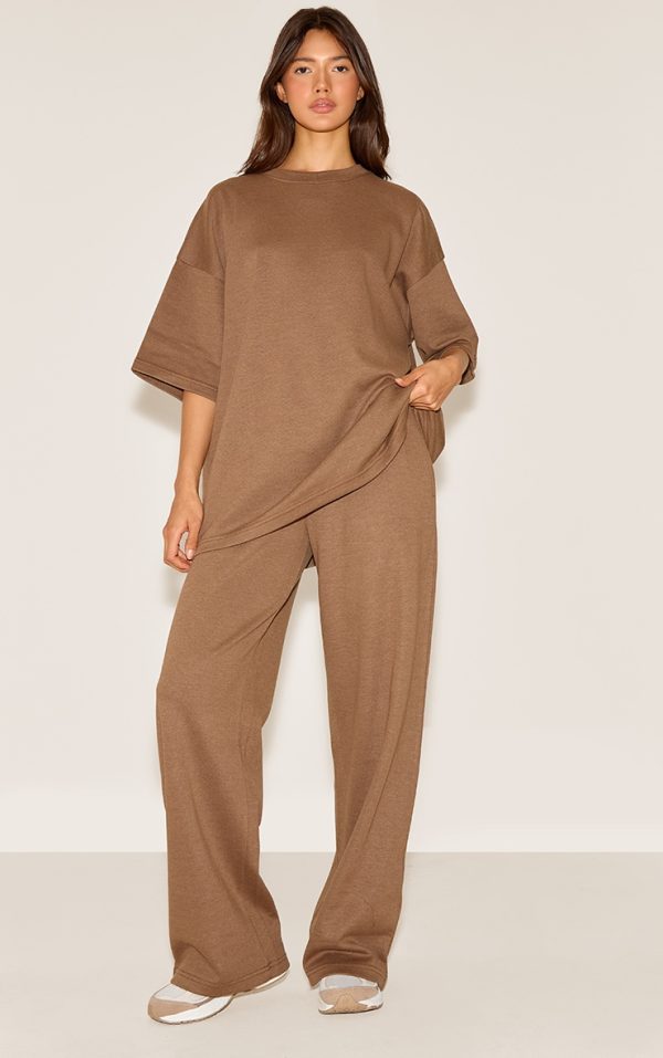 Brown Jersey Mid Rise Wide Leg Pant