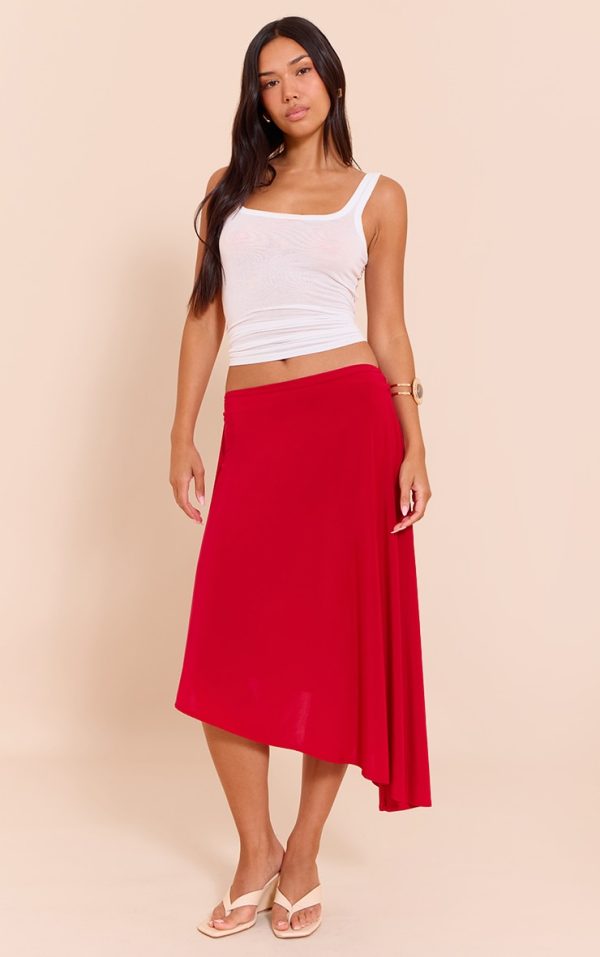 Red Asymmetric Hem Slinky Midi Skirt