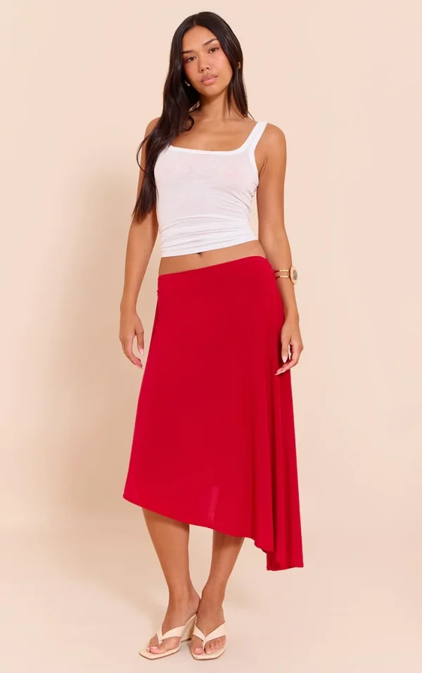 Red Asymmetric Hem Slinky Midi Skirt