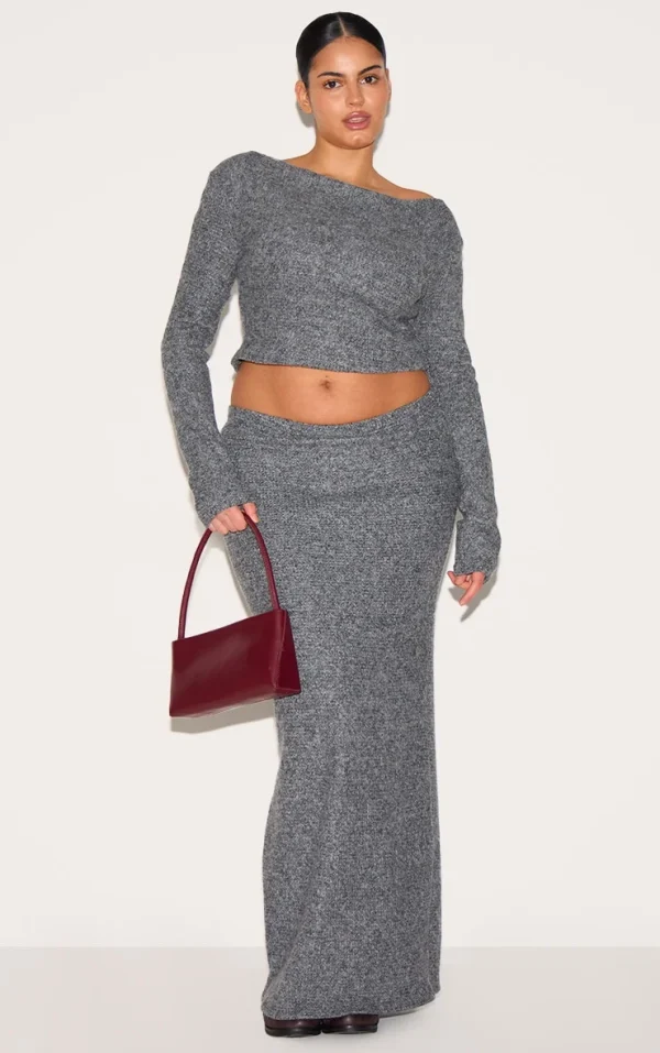 Plus Charcoal Textured Ribbed Maxi Skirt