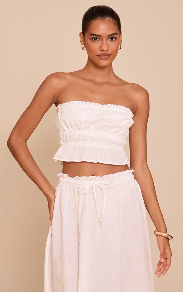 White Linen Look Shirred Bandeau Top