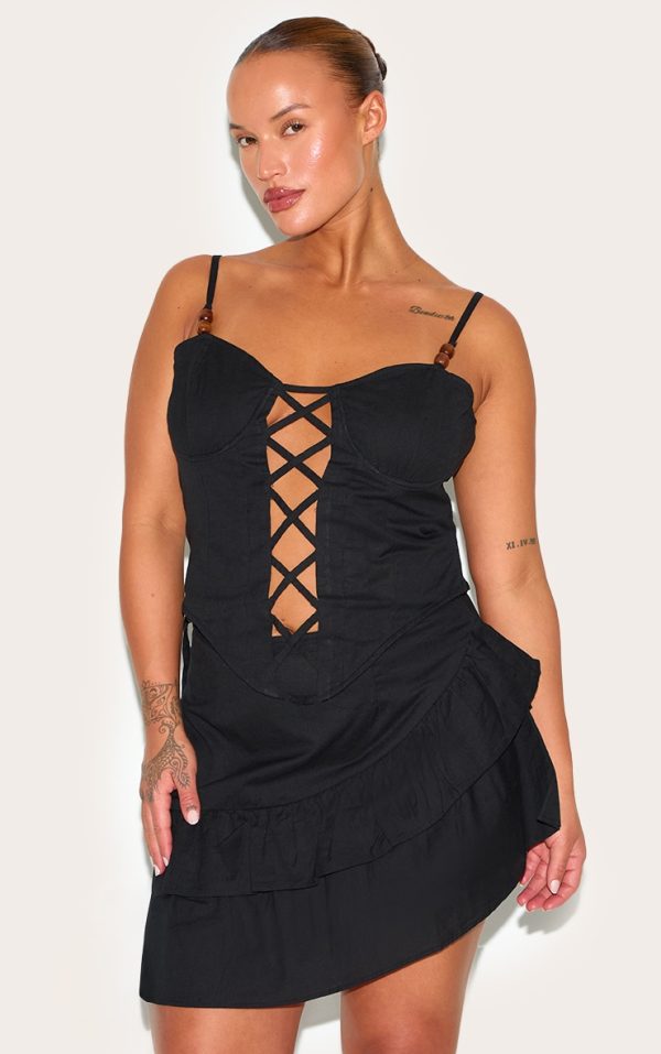 Plus Black Bead Detail Lace Up Corset Top