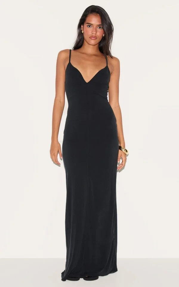 Black Modal V Neck Strappy Maxi Dress