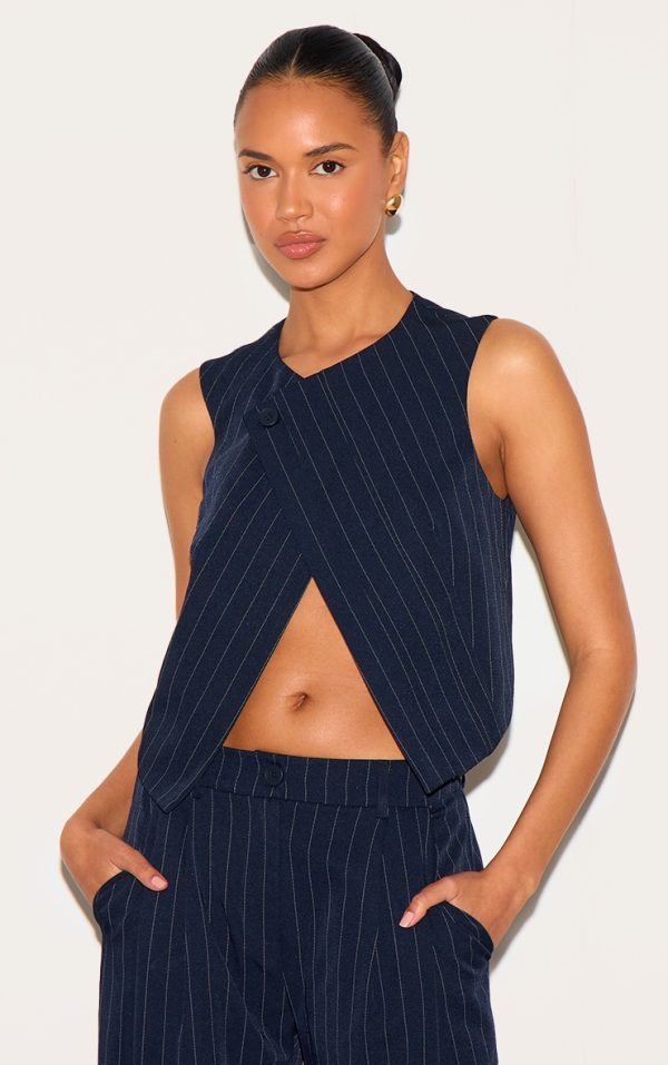 Dark Blue Tailored Woven Stripe Vest