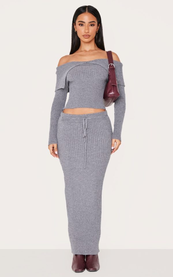 Petite Charcoal Knitted Maxi Skirt With Tie Details