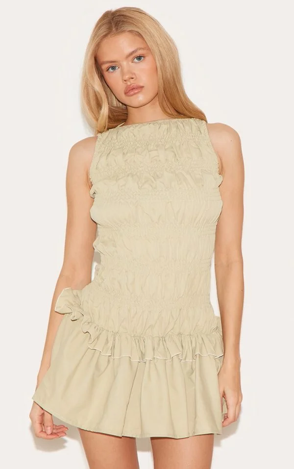 Sage Green Tailored Shirred Frill Shift Dress