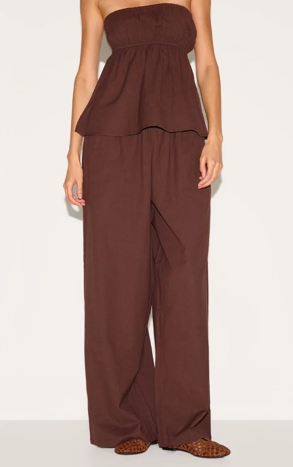 Brown Linen Look Floaty Wide Leg Pants