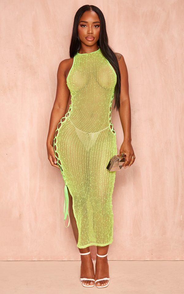 Shape Lime Textured Sheer Cut Out Side Midaxi Dress