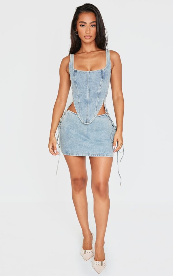 Petite Vintage Wash Denim Lace Up Mini Skirt