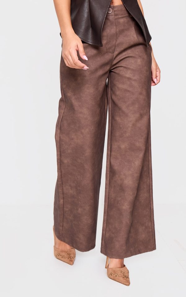 Petite Chocolate Faux Leather Wide Leg Pants