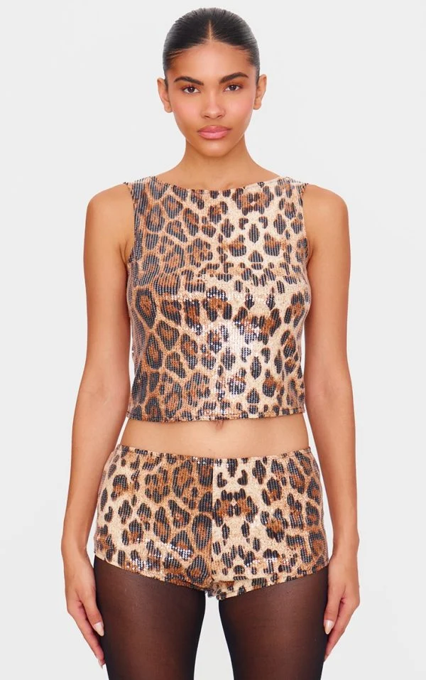 Brown Sequin Leopard Print Boat Neck Long Line Top
