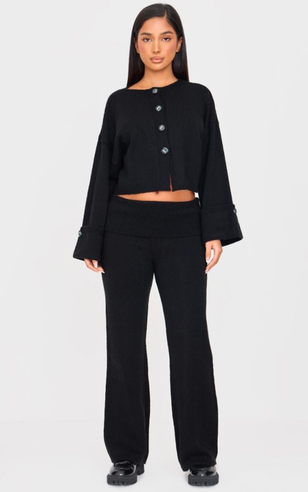 Petite Black Knitted Fold Over Flare Pants