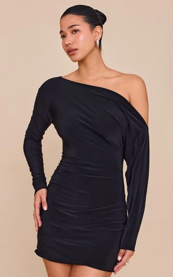 Black Double Layer Slinky Asymmetric Off The Shoulder Mini Dress