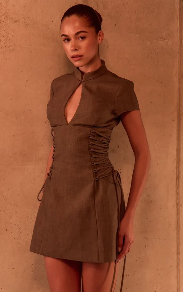 PLT Label Mocha Tailored Band Collar Lace Up A-line Dress