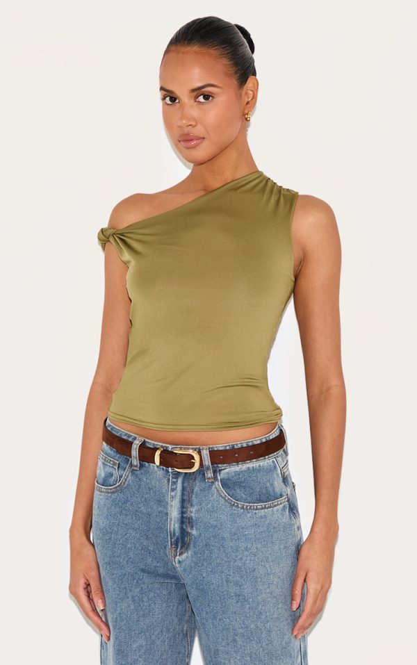 Olive Slinky Knot Strap Detail Long Top
