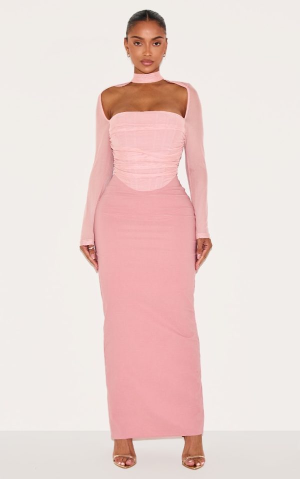 Shape Pink Mesh Long Sleeve Ruched Corset Maxi Dress
