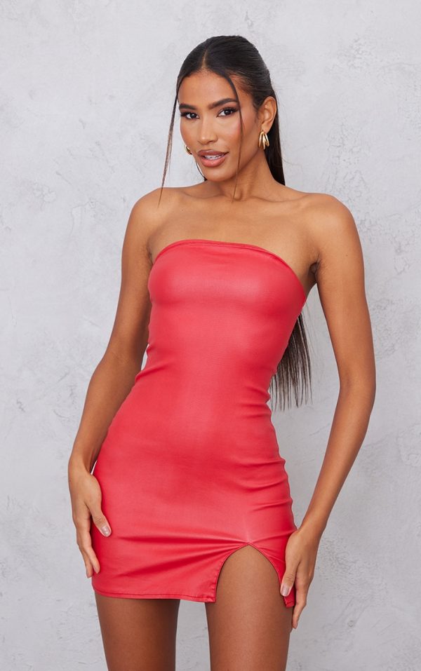 Red Split Hem Coated Denim Mini Dress