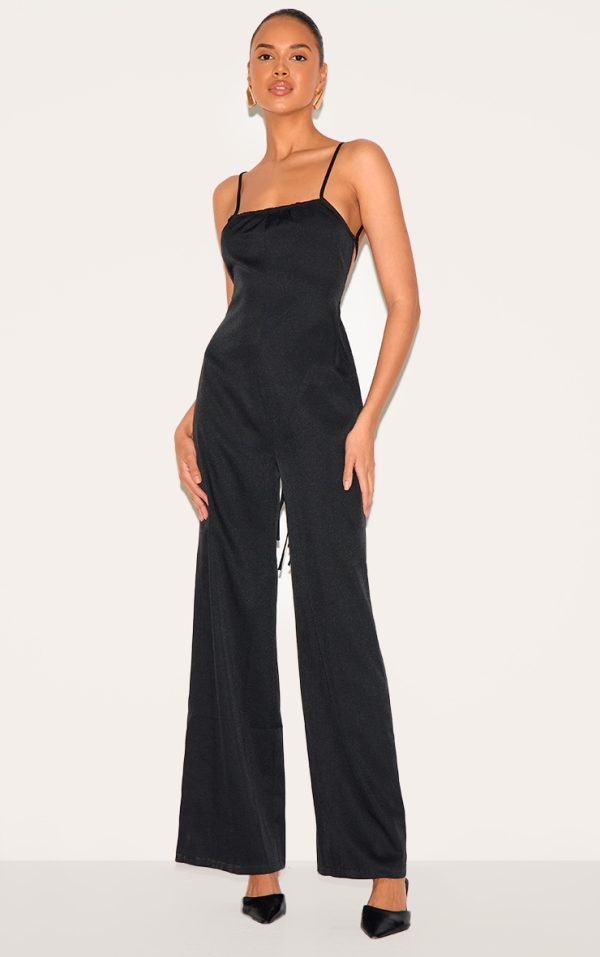 Black Woven Backless Square Neck Wide Leg Jumpsuit