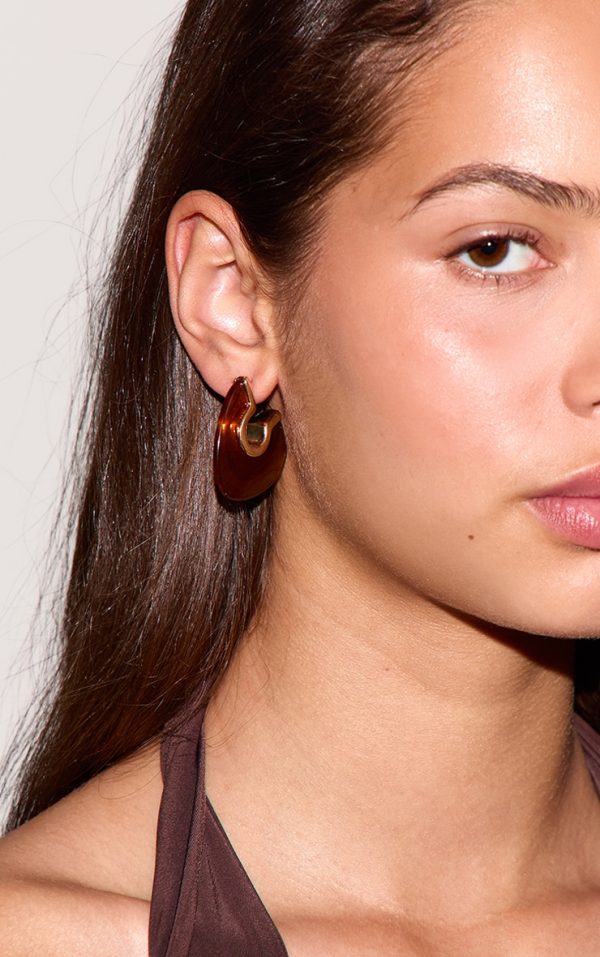Gold Edged Smokey Brown Resin Hoop Earrings