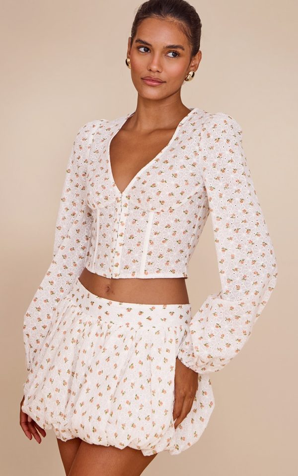 White Rose Ditsy Print Long Sleeve Corset Top
