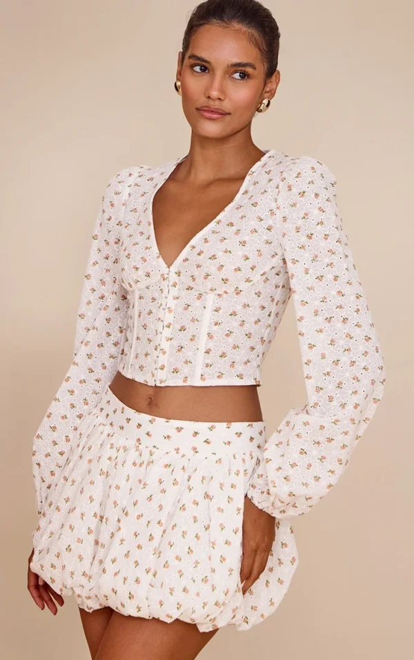 White Rose Ditsy Print Long Sleeve Corset Top