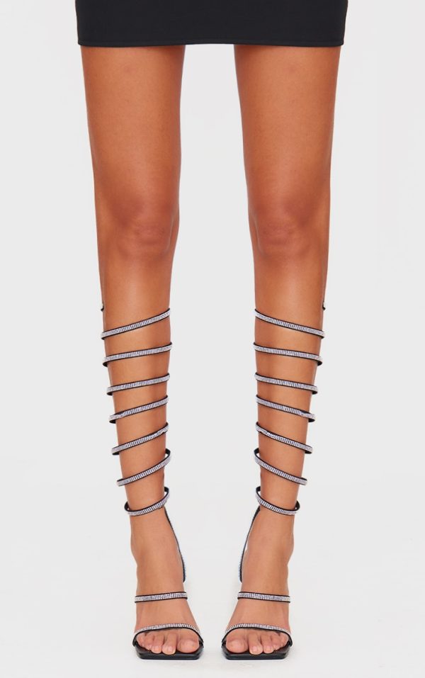 Black PU Square Toe Diamante Spiral Mid Stiletto Heeled Sandals