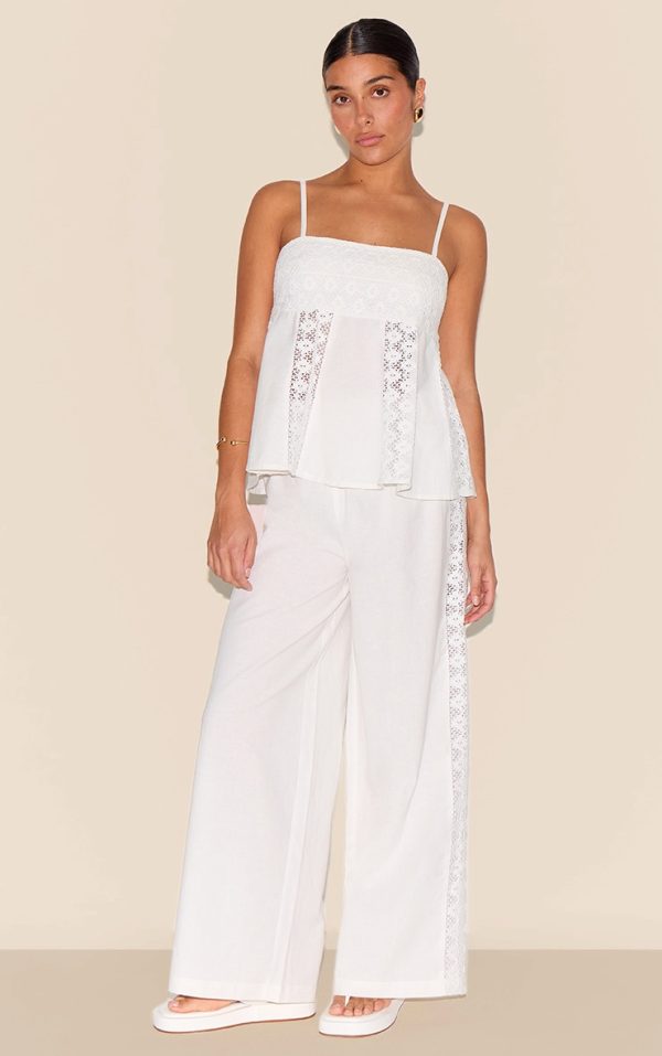 Petite White Linen Look Crochet Side Detail Wide Leg Pants