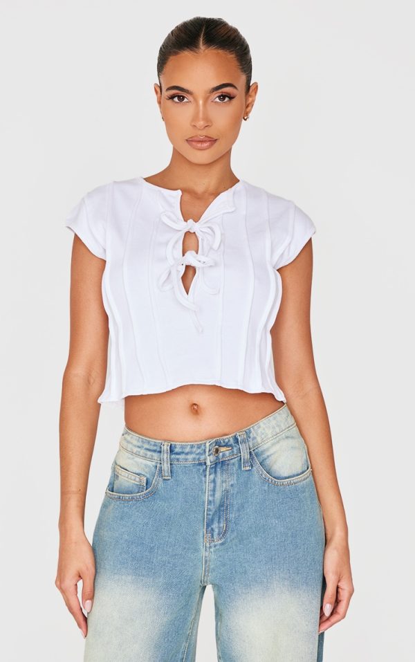 White Ribbed Tie Front Detail Long Top